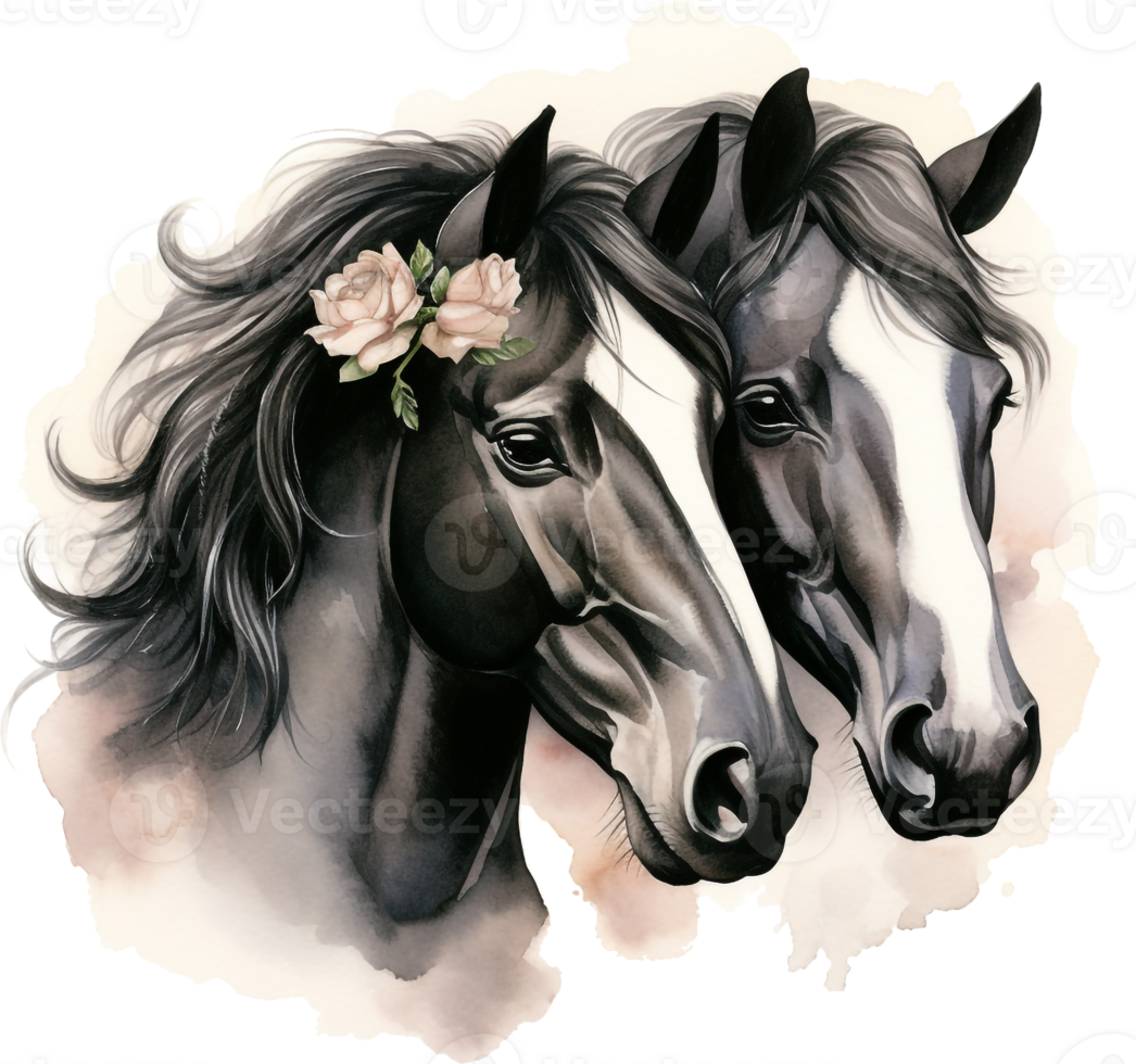 Black horse portrait isolated on transparent background. Watercolour illustration. png