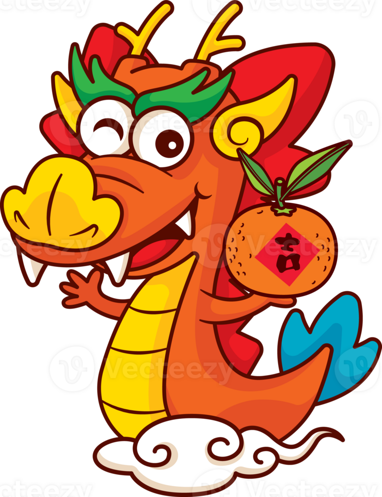 Happy Chinese new year greeting 2024 with cartoon cute dragon zodiac holding tangerine riding on cloud cartoon character illustration png
