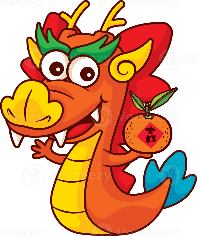 Cartoon cute chinese dragon zodiac holding tangerine orange character illustration. Chinese new year 2024 element png