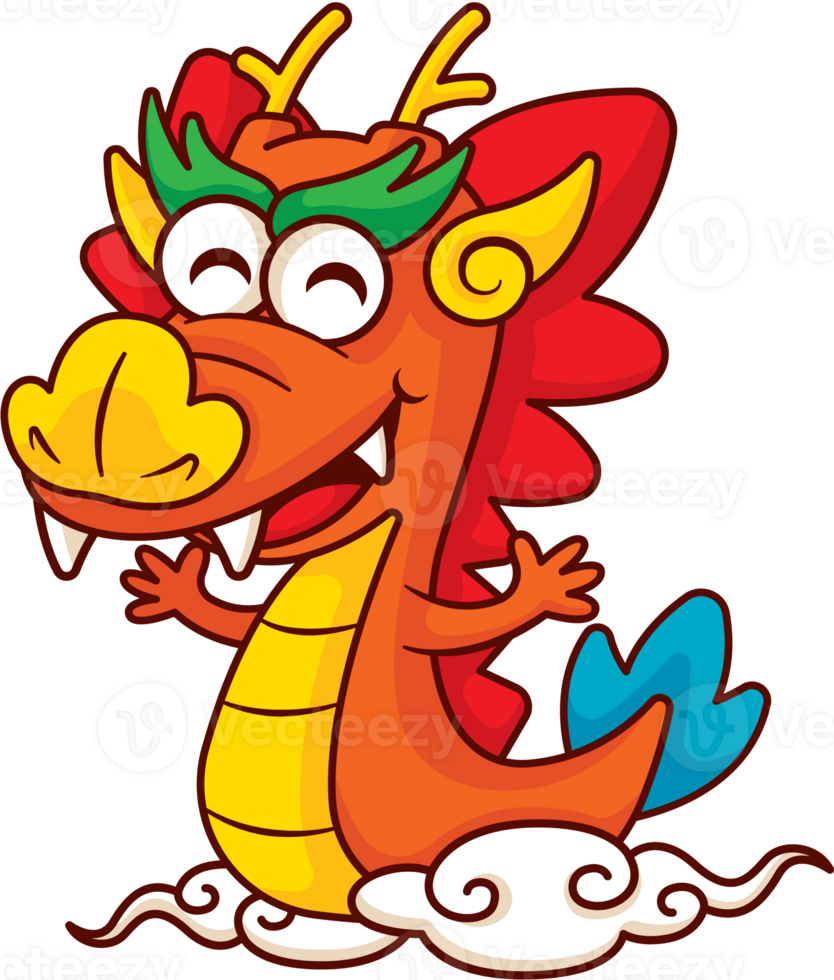 Cartoon cute chinese dragon riding on oriental clouds. Year of the Dragon zodiac 2024. Vector chinese new year character png