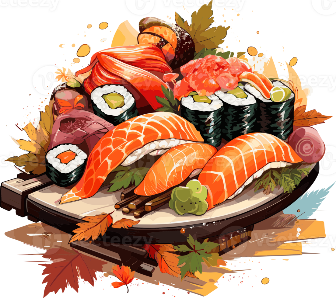 Sushi traditional japanese food on wooden board Illustration AI Generative png