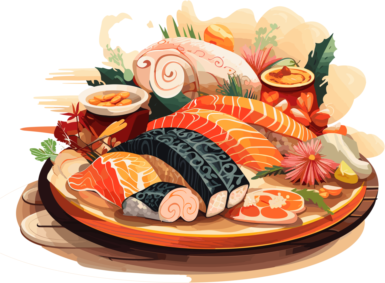 Sushi traditional japanese food on wooden board Illustration AI Generative png