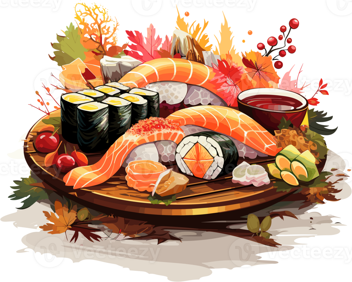 Sushi traditional japanese food on wooden board Illustration AI Generative png