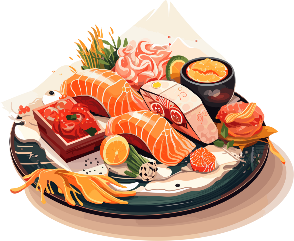 Sushi traditional japanese food on wooden board Illustration AI Generative png