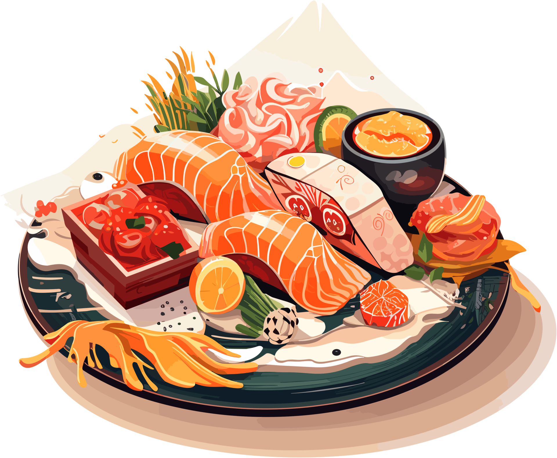 Sushi traditional japanese food on wooden board Illustration AI