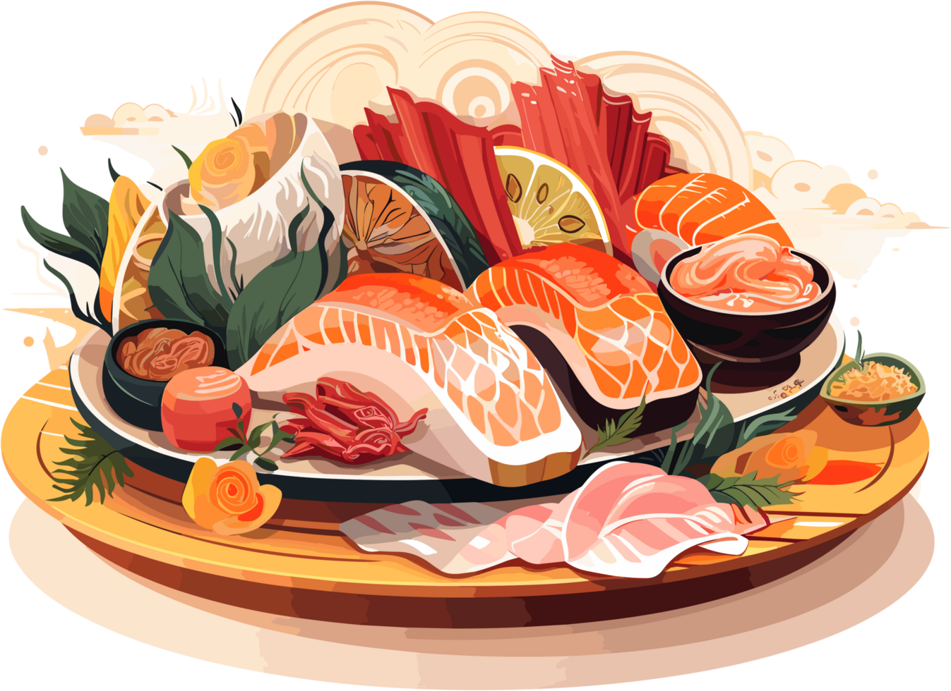 Sushi traditional japanese food on wooden board Illustration AI Generative png