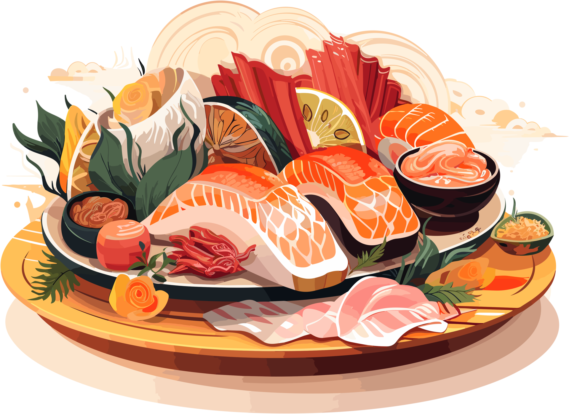 Sushi Traditional Japanese Food On Wooden Board Illustration AI sushi-traditional-japanese-food-on-wooden-board-illustration-ai