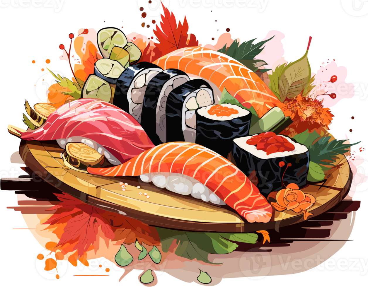 Sushi traditional japanese food on wooden board Illustration AI Generative png