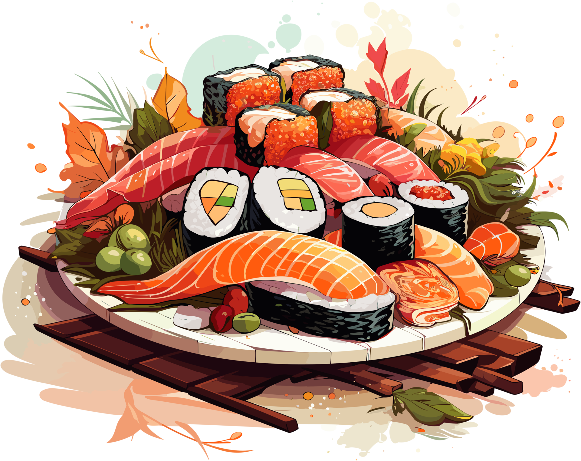 Sushi Traditional Japanese Food On Wooden Board Illustration AI sushi-traditional-japanese-food-on-wooden-board-illustration-ai