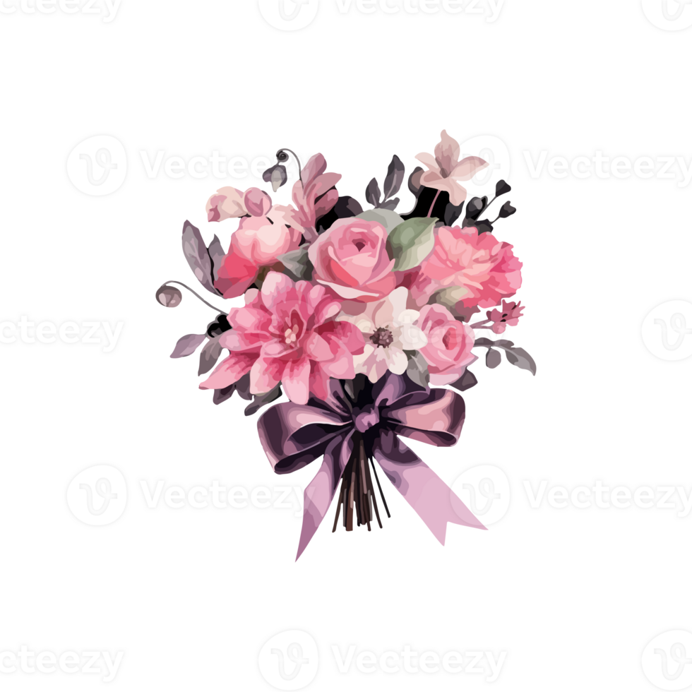 illustration watercolor pink rose bouquet with black and pink ribbon romantic png