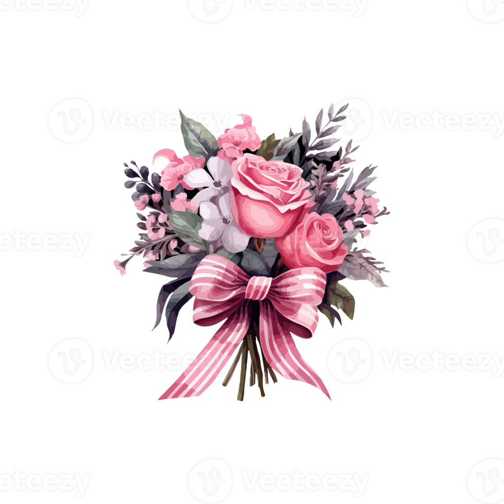illustration watercolor pink rose bouquet with black and pink ribbon romantic png