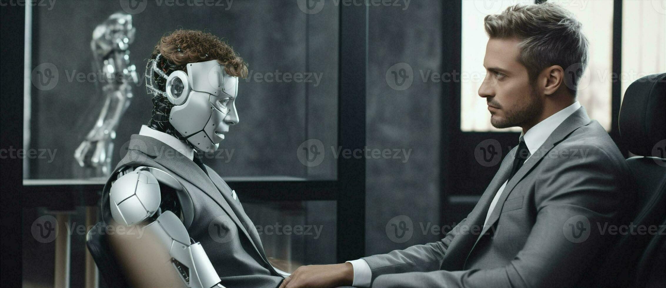 Futuristic business science work fiction cyber humanoid robotic face cyborg technology artificial people intelligence photo