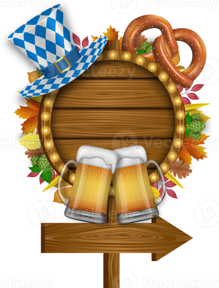 Oktoberfest de madera letrero con sombrero, cerveza tazas, galleta