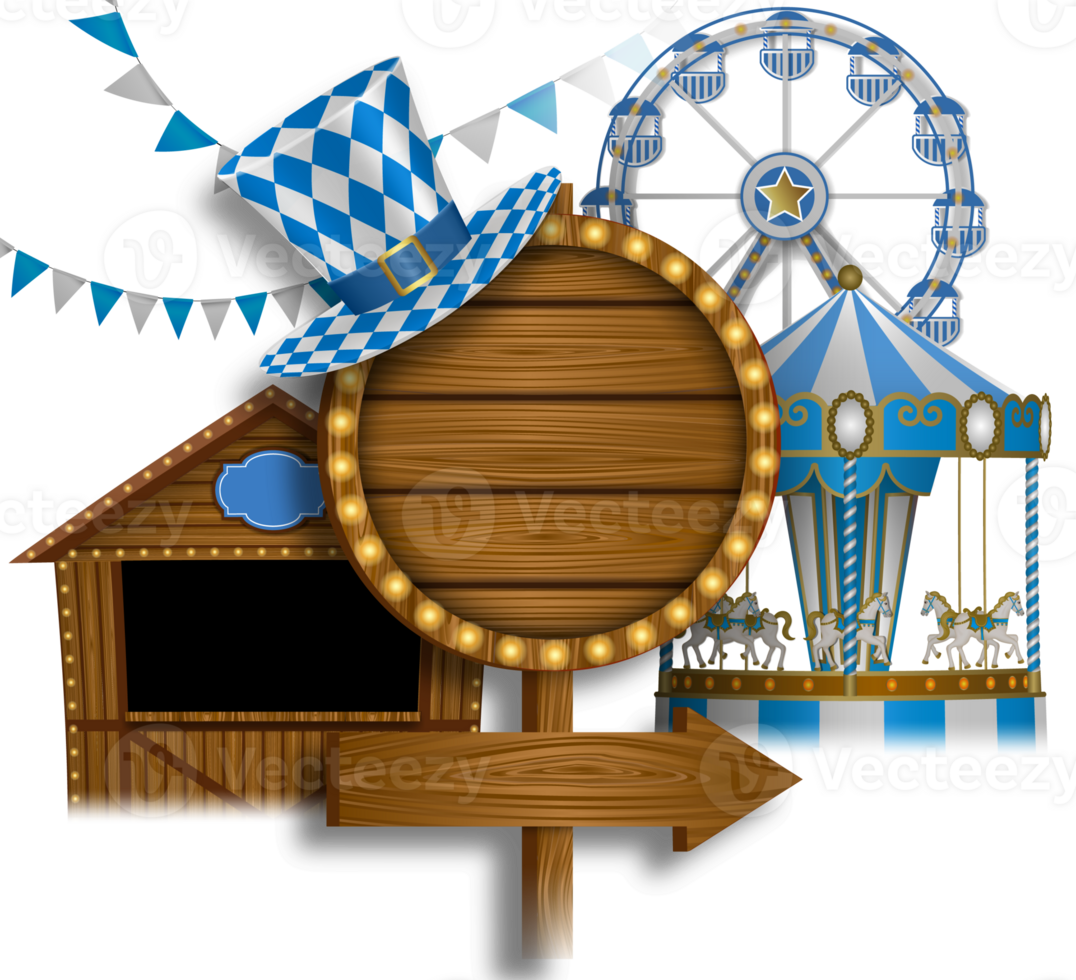 oktoberfest compositionwithwooden signboard, market stall and amusement park png