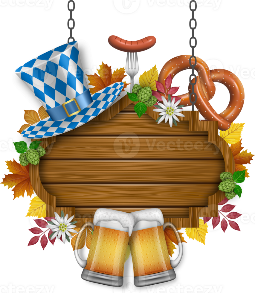 oktoberfest banner with wooden signboard, hat and fall leaves png