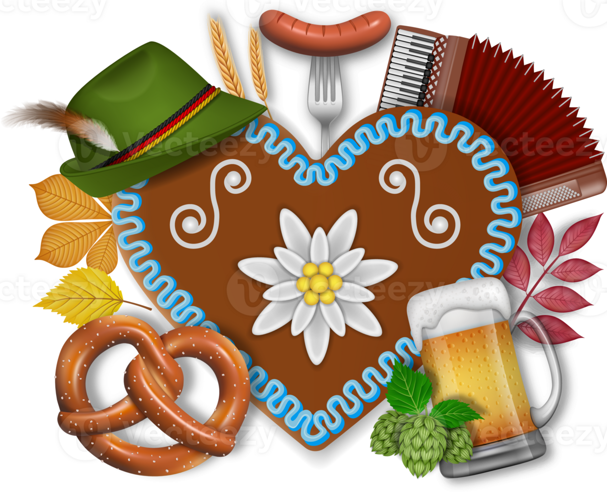 oktoberfest composition with heart shaped gingerbread, pretzel and other elements png