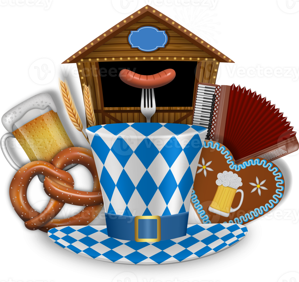 oktoberfeest samenstelling met houten markt kraam, bier mok, accordeon, zoute krakeling en hoed png