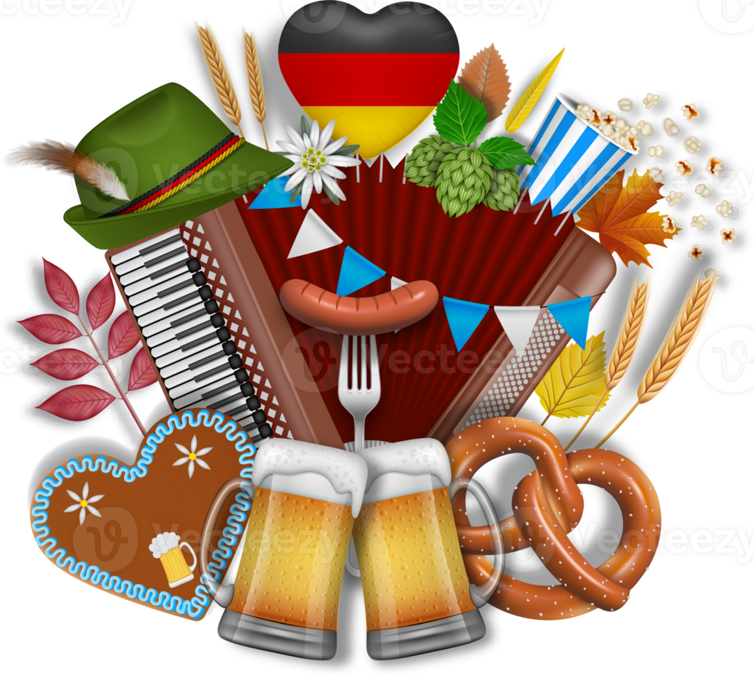 oktoberfest composition with accordion, pretzel and beer mugs png