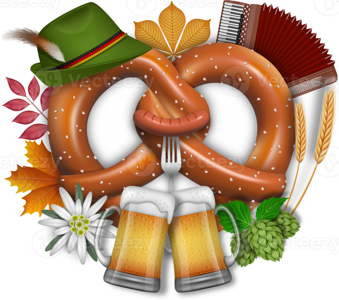 oktoberfest composition with pretzel, beer mugs and other elements png