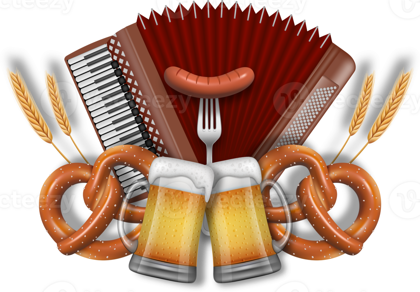 oktoberfeest samenstelling met accordeon, zoute krakeling en bier mokken png