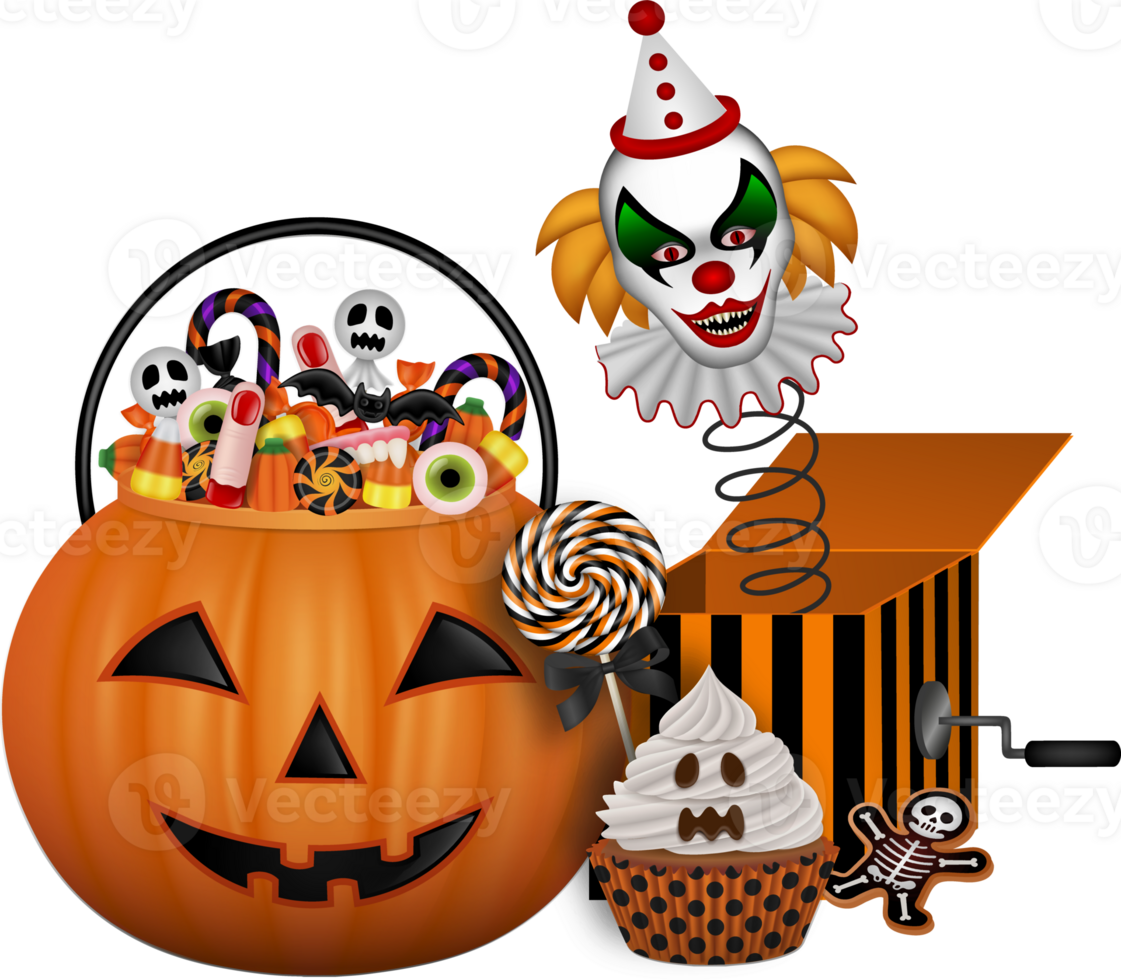 halloween composition with pumpkin bucket and evil clown in a box png