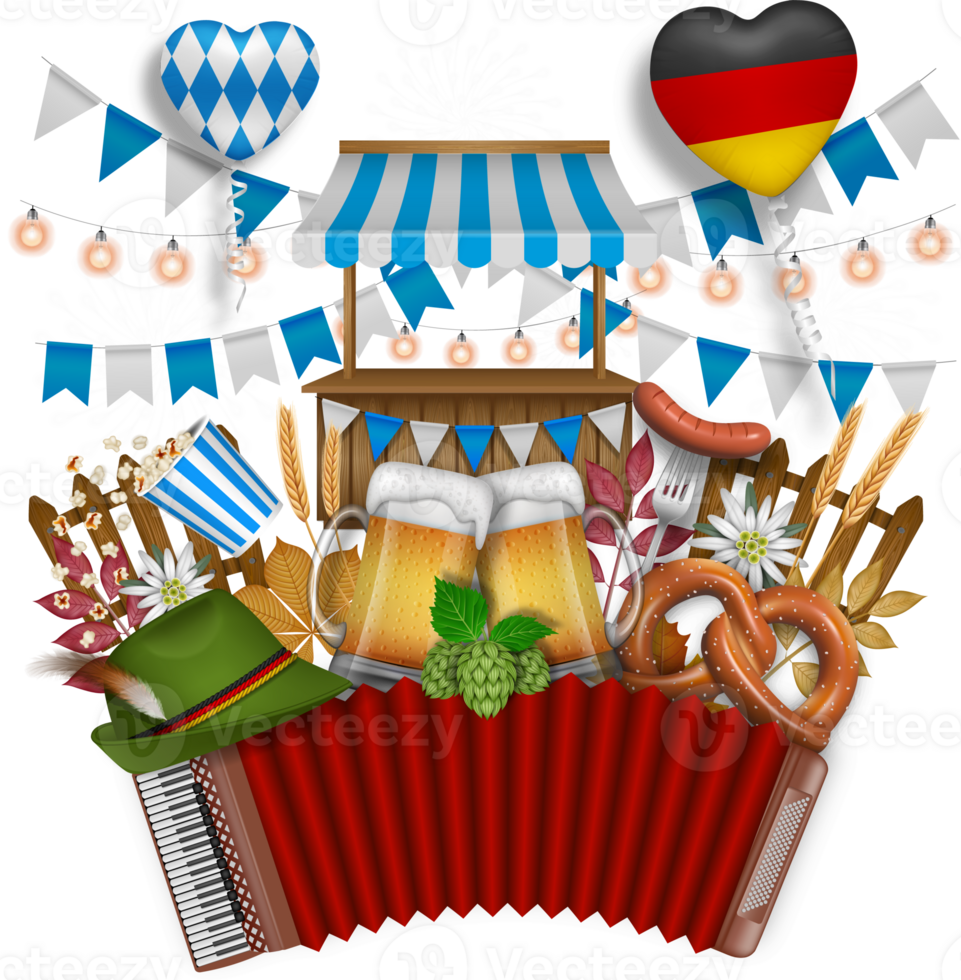 oktoberfest composition with accordion, beer mugs, pretzel and other elements png