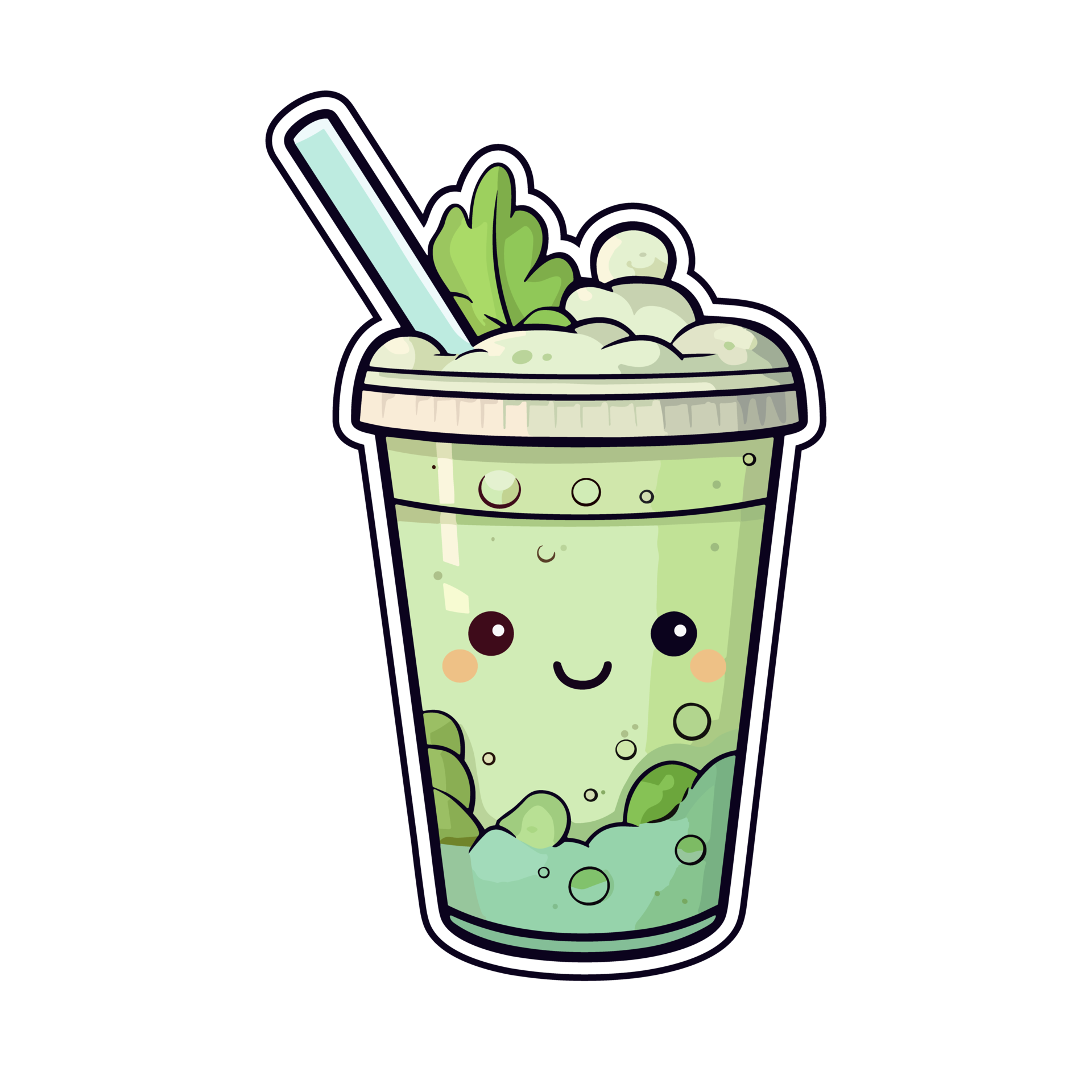 iced matcha latte sticker cool colors kawaii clip art illustration. Transparent background