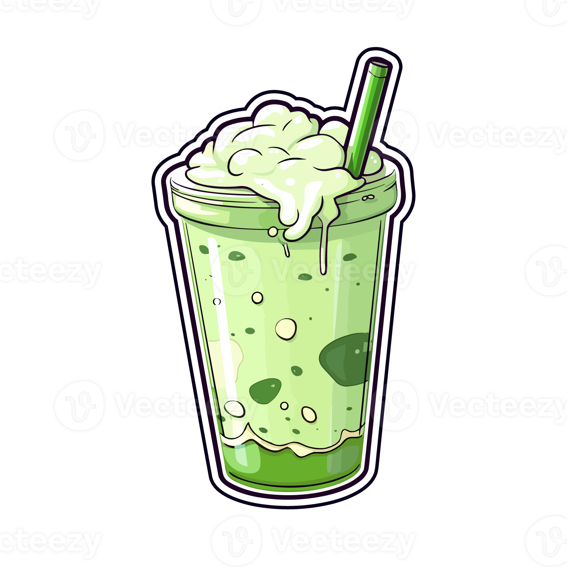 iced matcha latte sticker cool colors kawaii clip art illustration. Transparent background