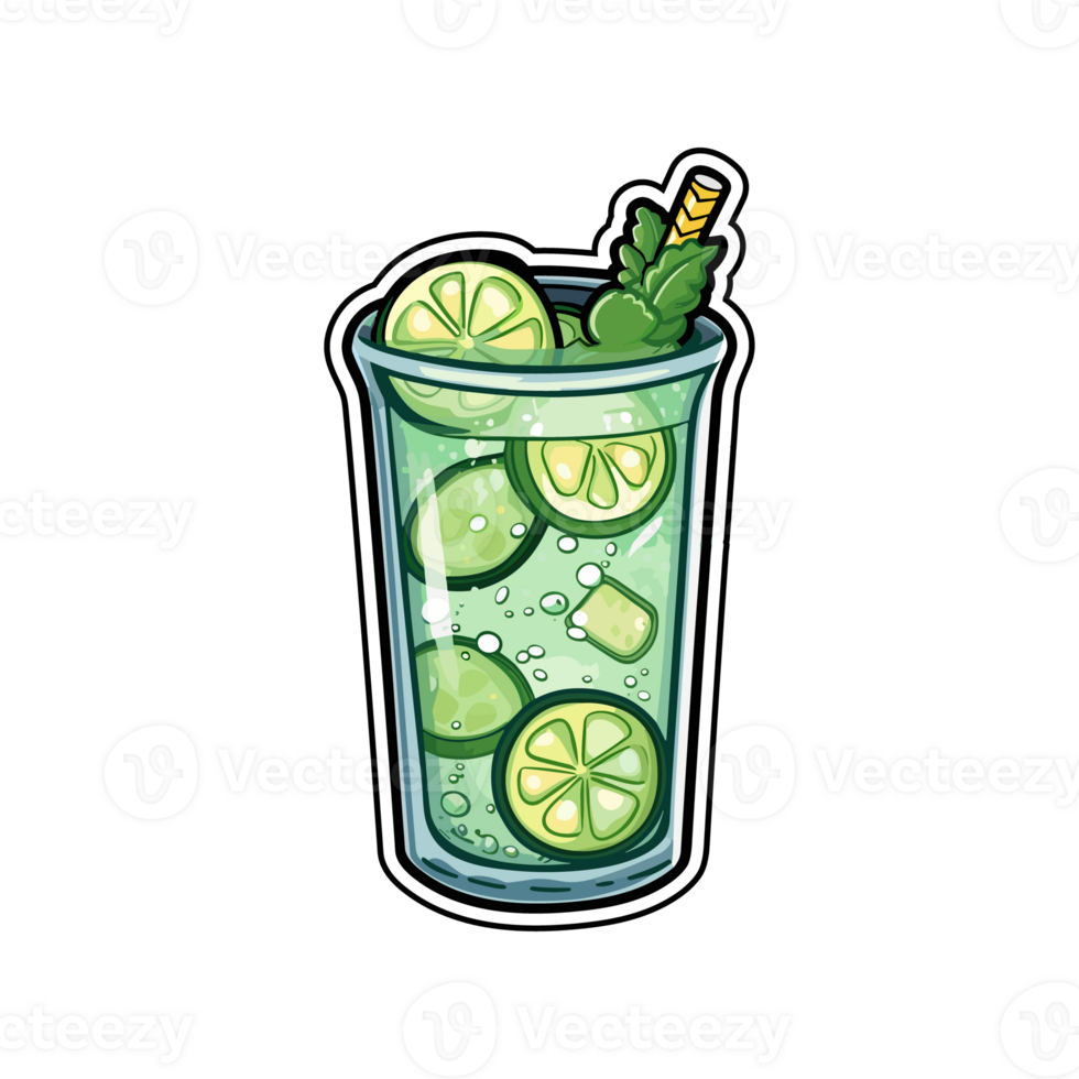 cucumber lime spritzer  sticker cool colors kawaii clip art illustration. Transparent background. Generative Ai png