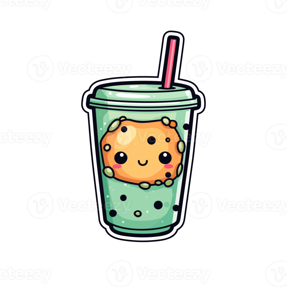boba drink  sticker cool colors kawaii clip art illustration. Transparent background. Generative Ai png