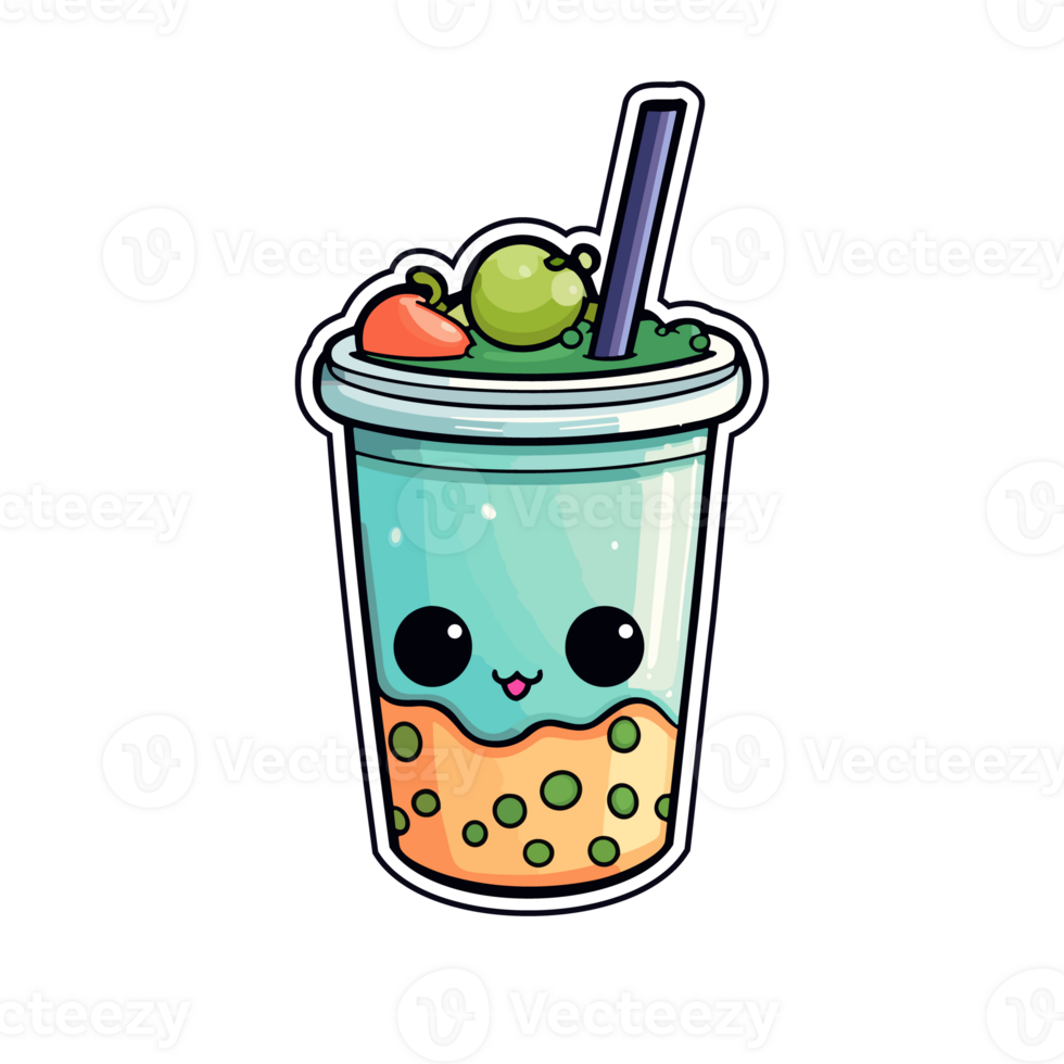 boba drink  sticker cool colors kawaii clip art illustration. Transparent background. Generative Ai png