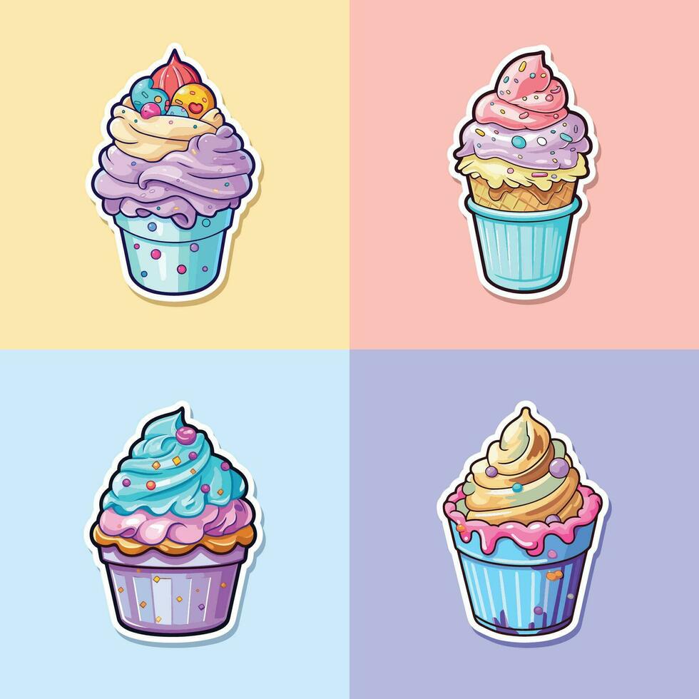 cumpleaños pastel masa hielo crema pegatina frio colores kawaii acortar Arte ilustración colección vector