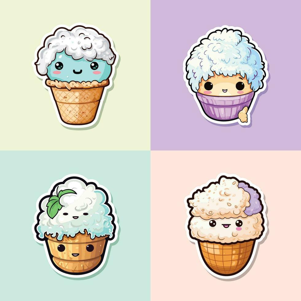 coconut macaroon ice cream sticker cool colors kawaii clip art illustration collection. vector