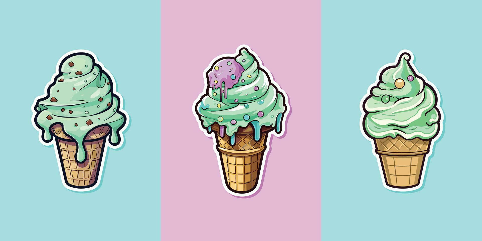 mint chocolate chip ice cream sticker cool colors kawaii clip art illustration collection