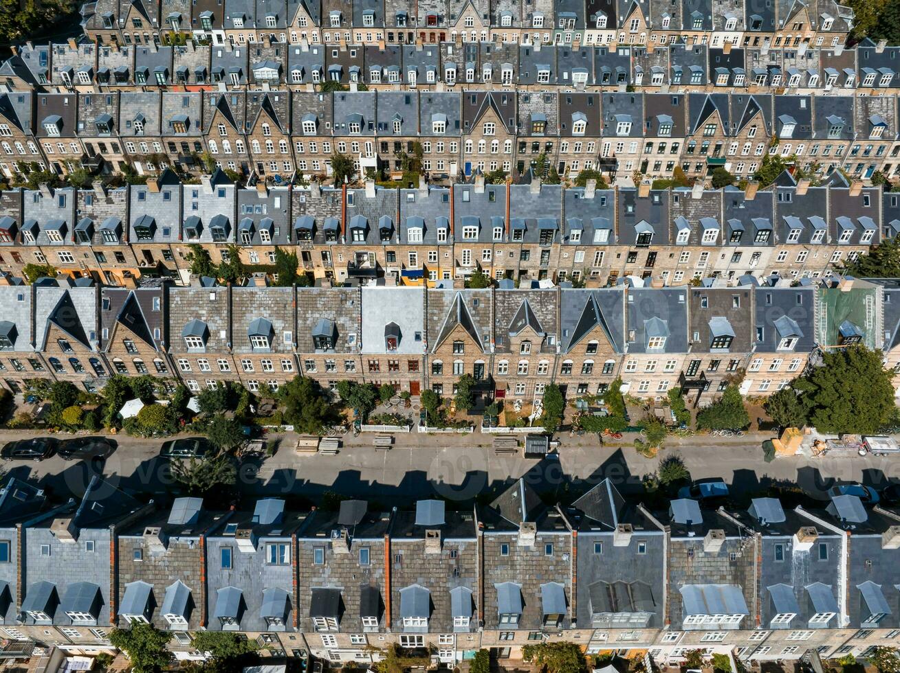Aerial view of the rooftops of Kartoffelraekkerne neighborhood, in Oesterbro, Copenhagen, Denmark. photo