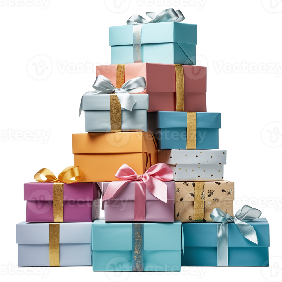 Colorful pile of gift boxes isolated on transparent background. Many Christmas packages on a large heap. png