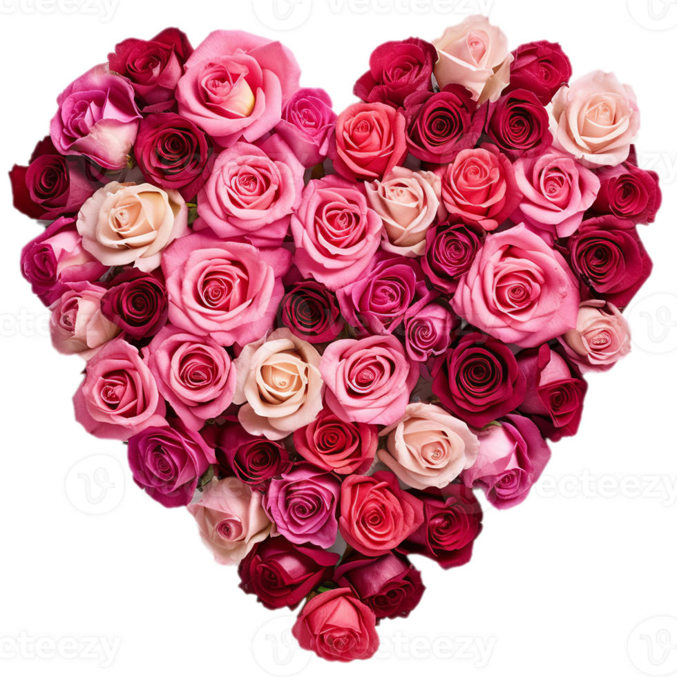 Heart of red and pink roses isolated on transparent background. png