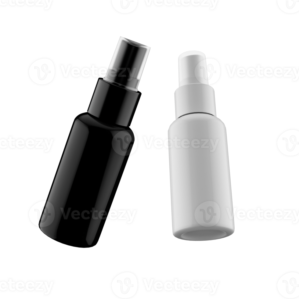 Blank black and white deodorant bottle mock up set Empty spreader flacon with transparent cap mock up. Clear healthcare plastic phial with disinfection liquid mockup template 3d illustration png
