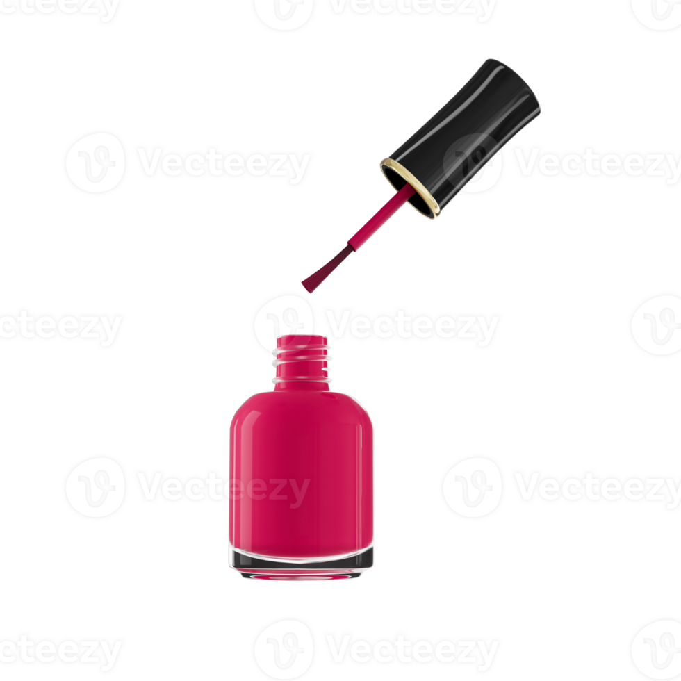 Round Pink glossy nail polish bottle with black cap. Realistic packaging mockup template. Front view. red nail polish bottle 3d illustration png