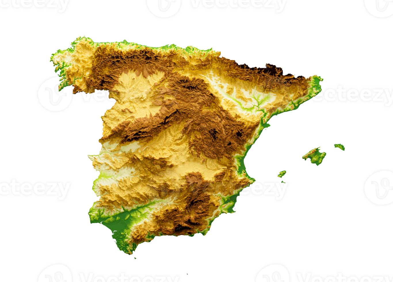 Spain Map Shaded relief Color Height map 3d illustration png