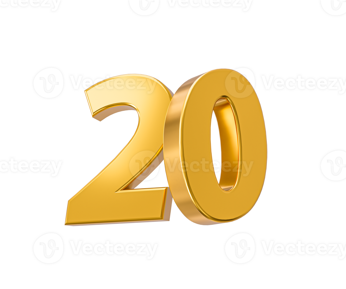 20 percent off on sale. Gold percent 20th Anniversary celebration 3D Golden numbers 3d Illustration png