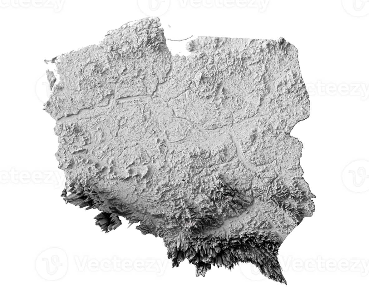 Poland. Shaded relief map with major urban areas 3d illustration png