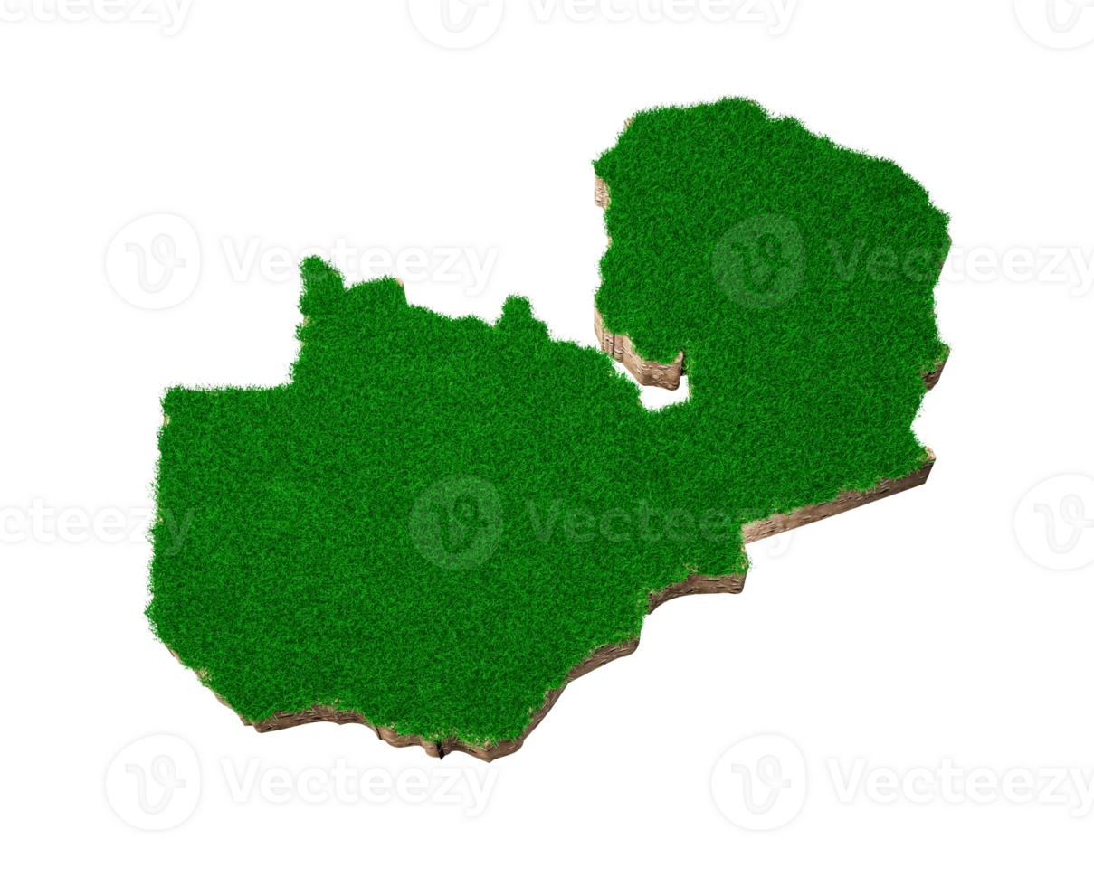 Zambia Map soil land geology cross section with green grass and Rock ground texture 3d illustration png