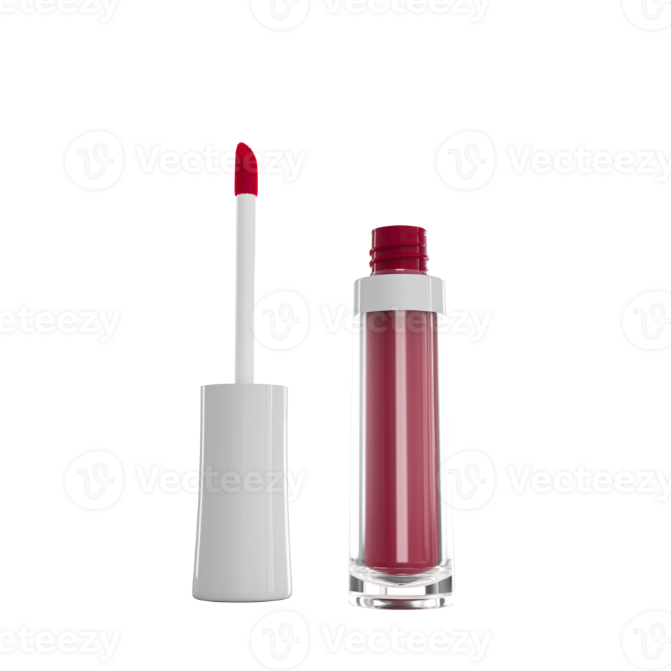 vloeibare lippenstift, lipgloss in elegante glazen fles met wit deksel, open container met borstel, geïsoleerd. make-up uitstrijkje 3d illustratie png