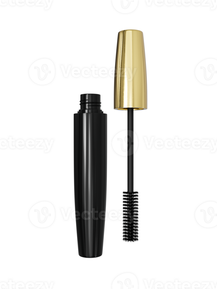 Mascara isolated golden Mascara Bottles. Brush and mascara tube 3d