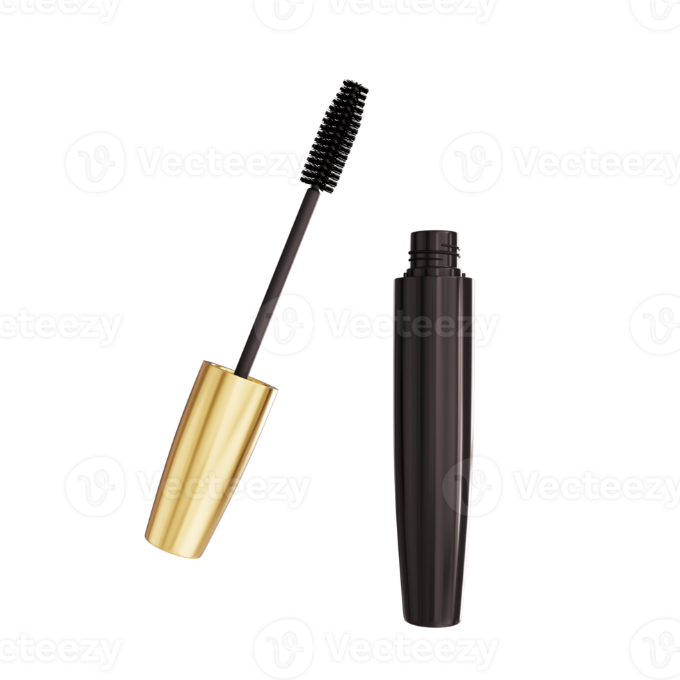 ouvert mascara et brosse isolé proche en haut, noir tube, œil mascara récipient, cil applicateur bâton, œil cils baguette magique, beauté maquillage accessoire, produits de beauté 3d illustration png