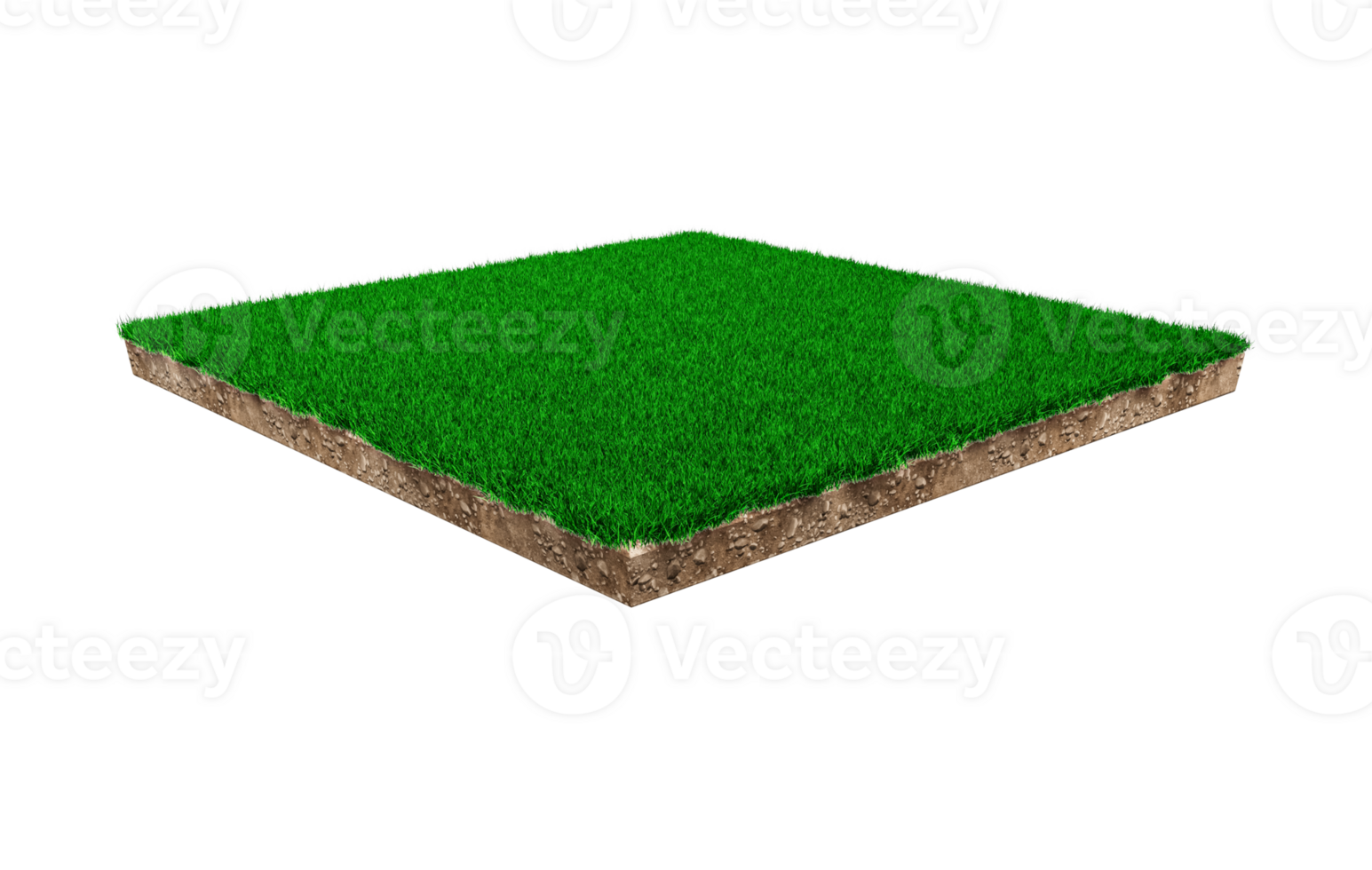 kvadrat jord mark geologi tvärsnitt med grönt gräs, jord lera skär bort isolerade 3d illustration png