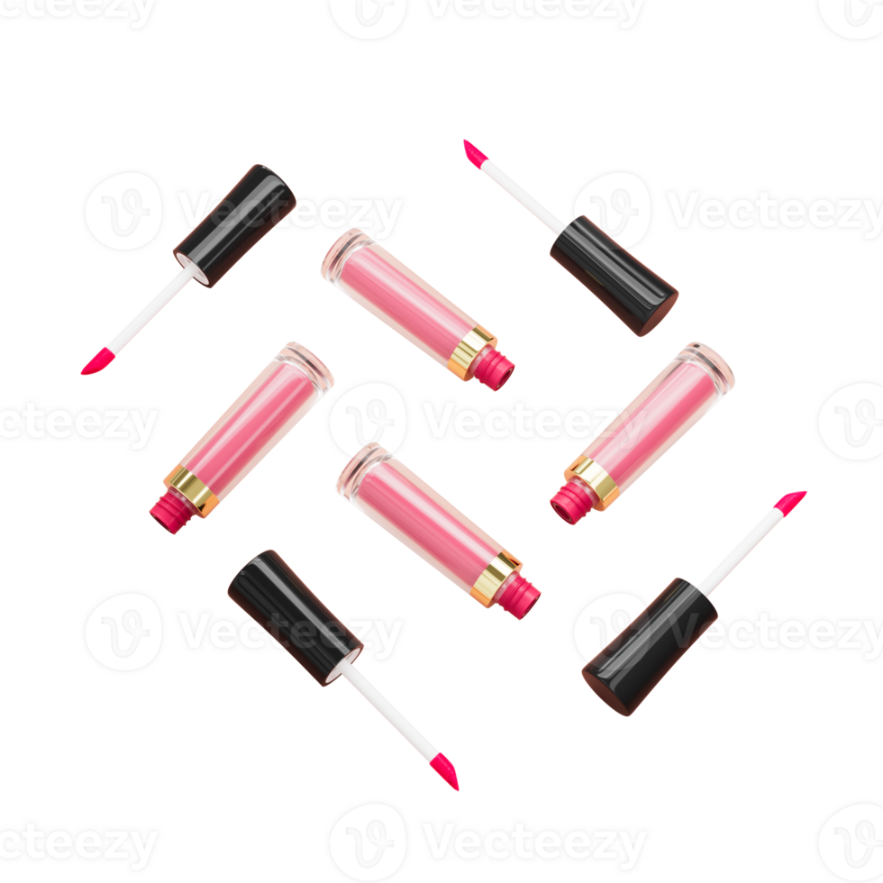 Lipstick and applicator wand . Liquid lip stick open tube. Makeup cosmetic product. Top view, flat lay 3d illustration png