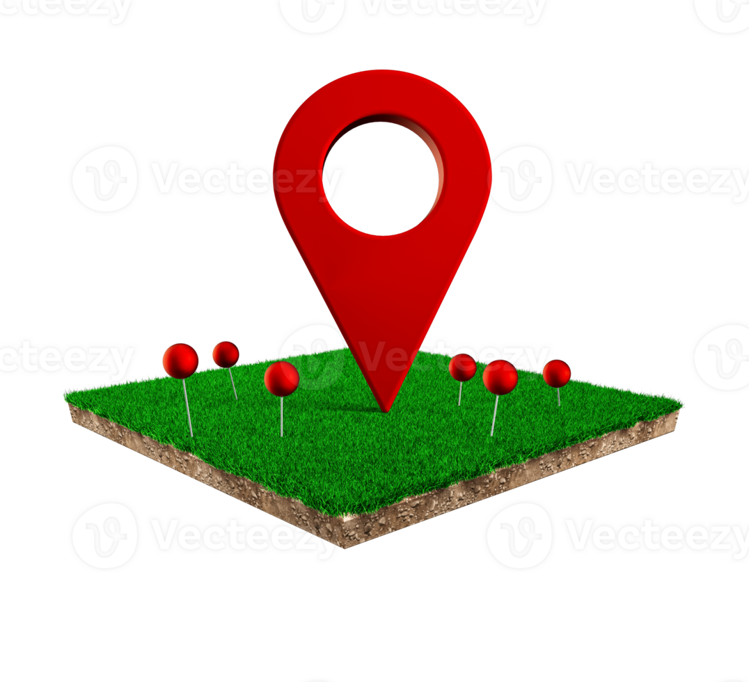 Red pushpin, navigation symbol. Red navigator pin on Square of green grass field 3d illustration png