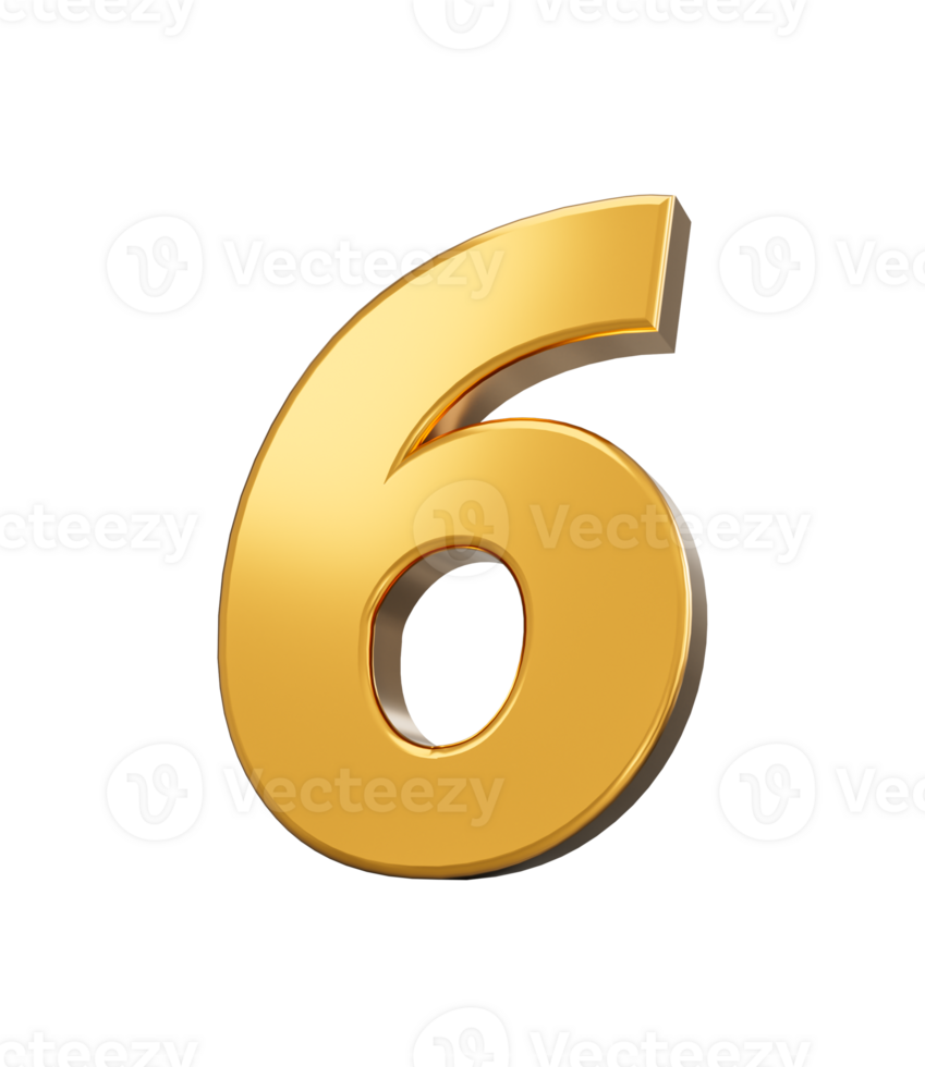 Gold number 6 six isolated. shiny 3d number 6 made of gold 3d illustration png
